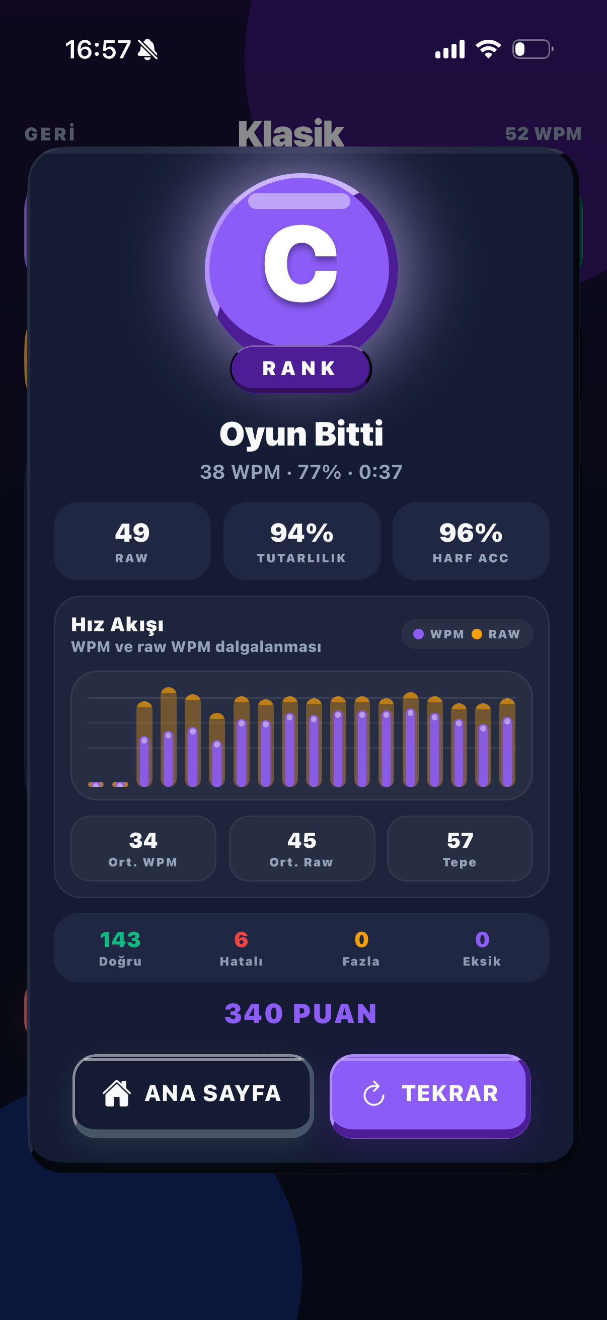 TakTak oyun sonu sonuç ekranı